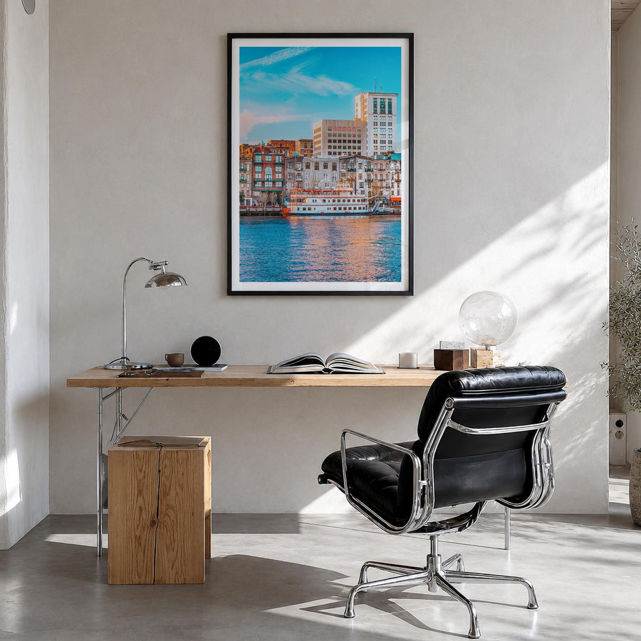 Savannah no. 1 colorful photo poster of Georgia, USA – vertical wall art in black wood frame with white border, hanging on wa