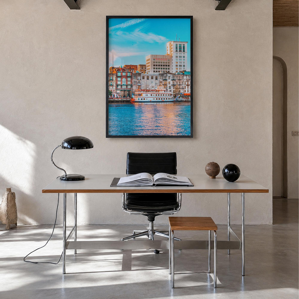 Savannah no. 1 colorful photo poster of Georgia, USA – vertical wall art in black wood frame, hanging on wall