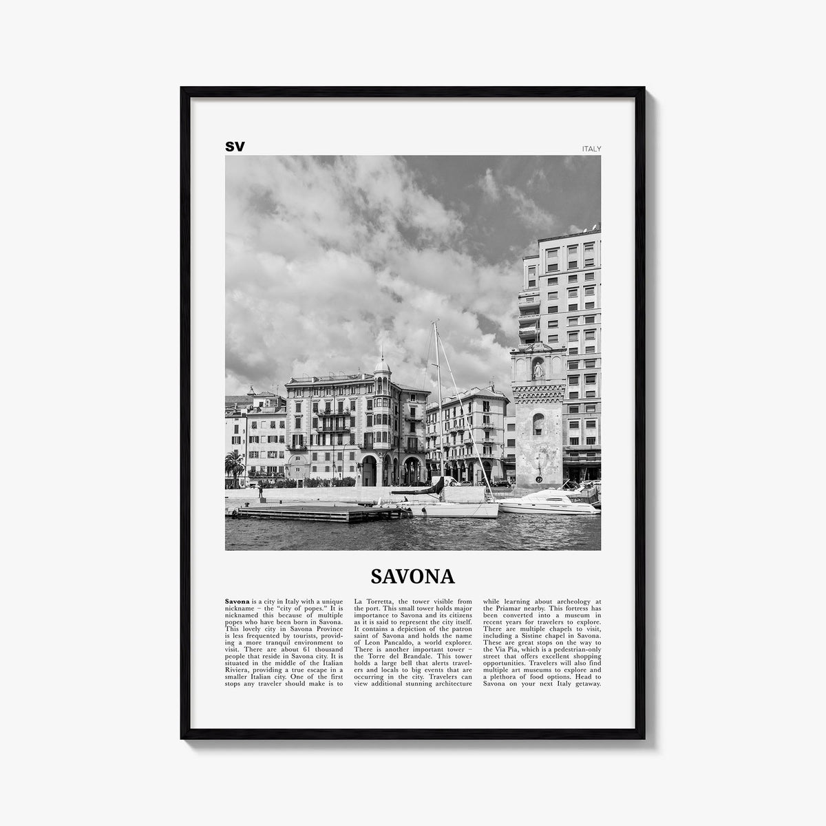 Savona black & white newspaper poster of Italy – vertical wall art, unframed print shown in interior mockup