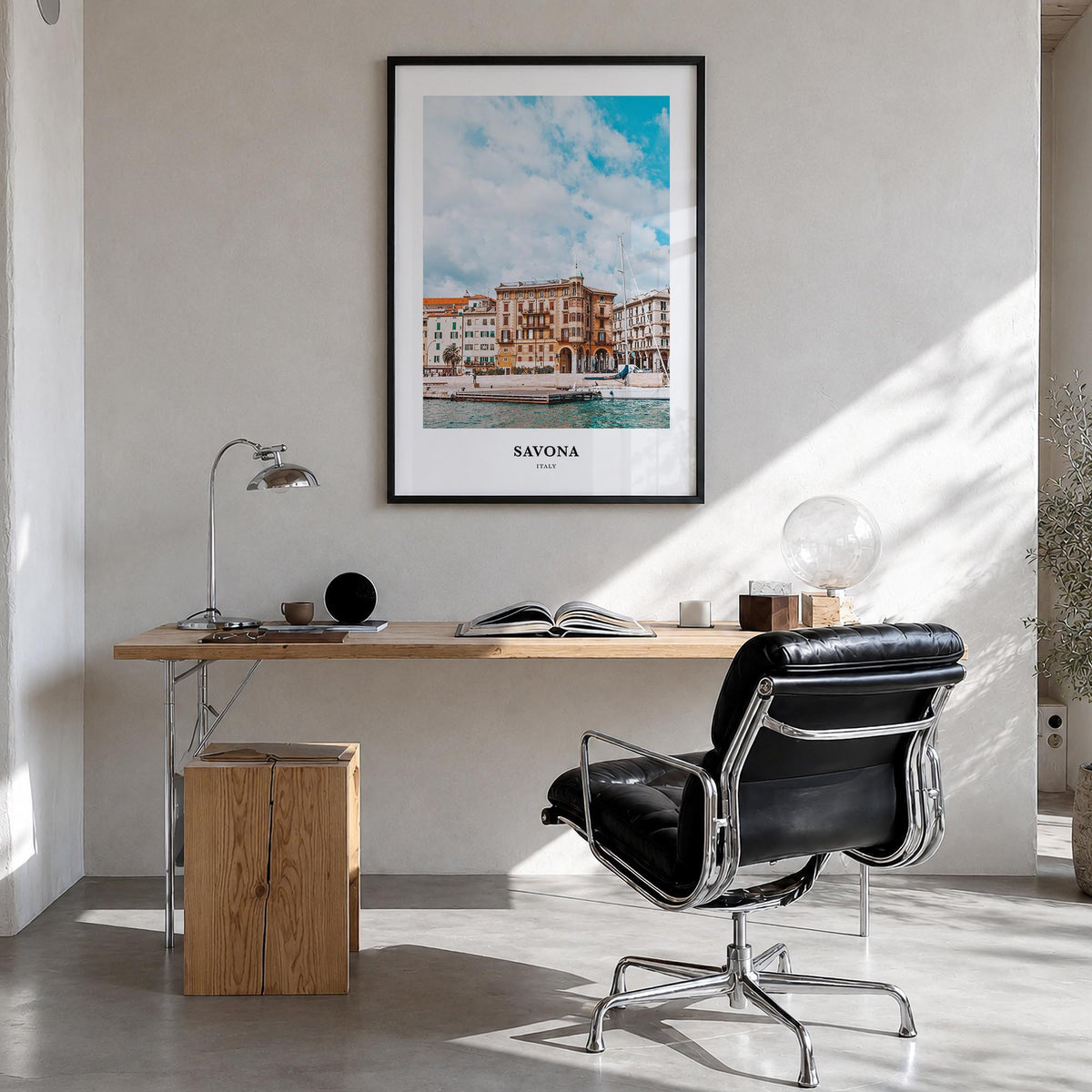 Savona colorful classic poster of Italy – vertical wall art in black wood frame, hanging on wall