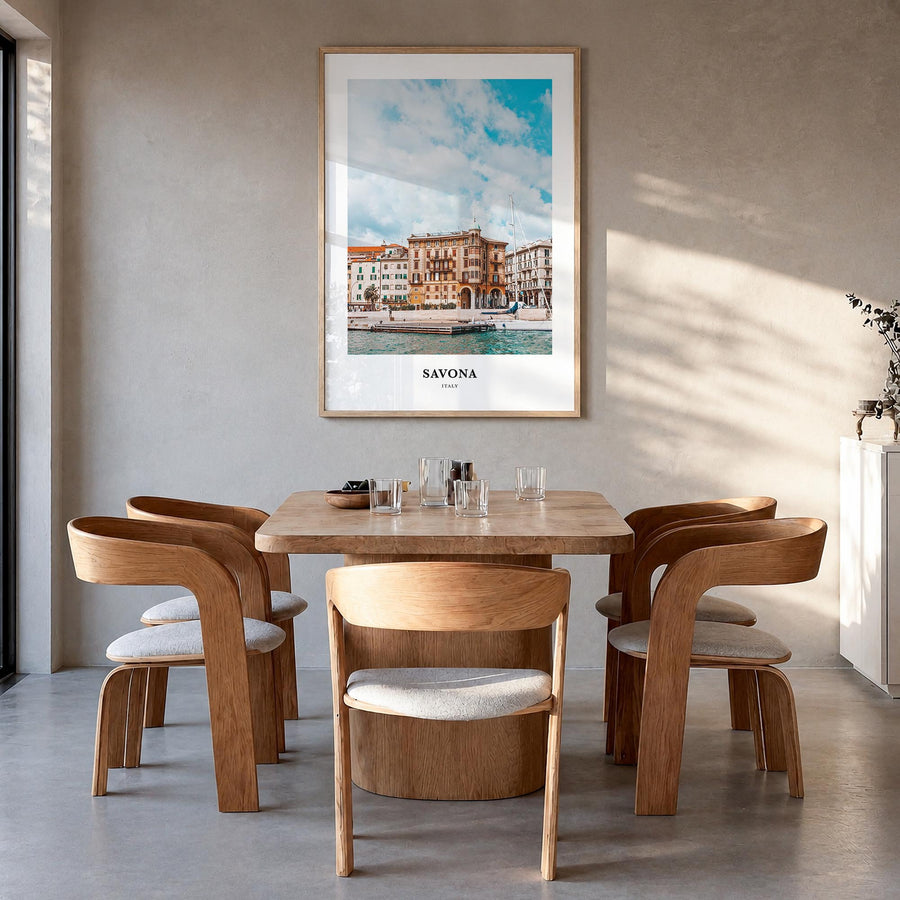 Savona colorful classic poster of Italy – vertical wall art in natural wood frame, hanging on wall
