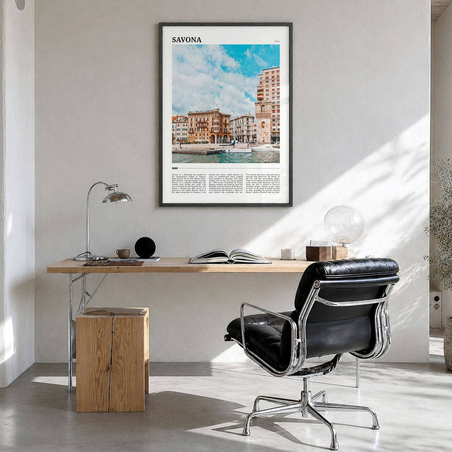 Savona Travel Poster in a black wood frame, hanging in a bright home office