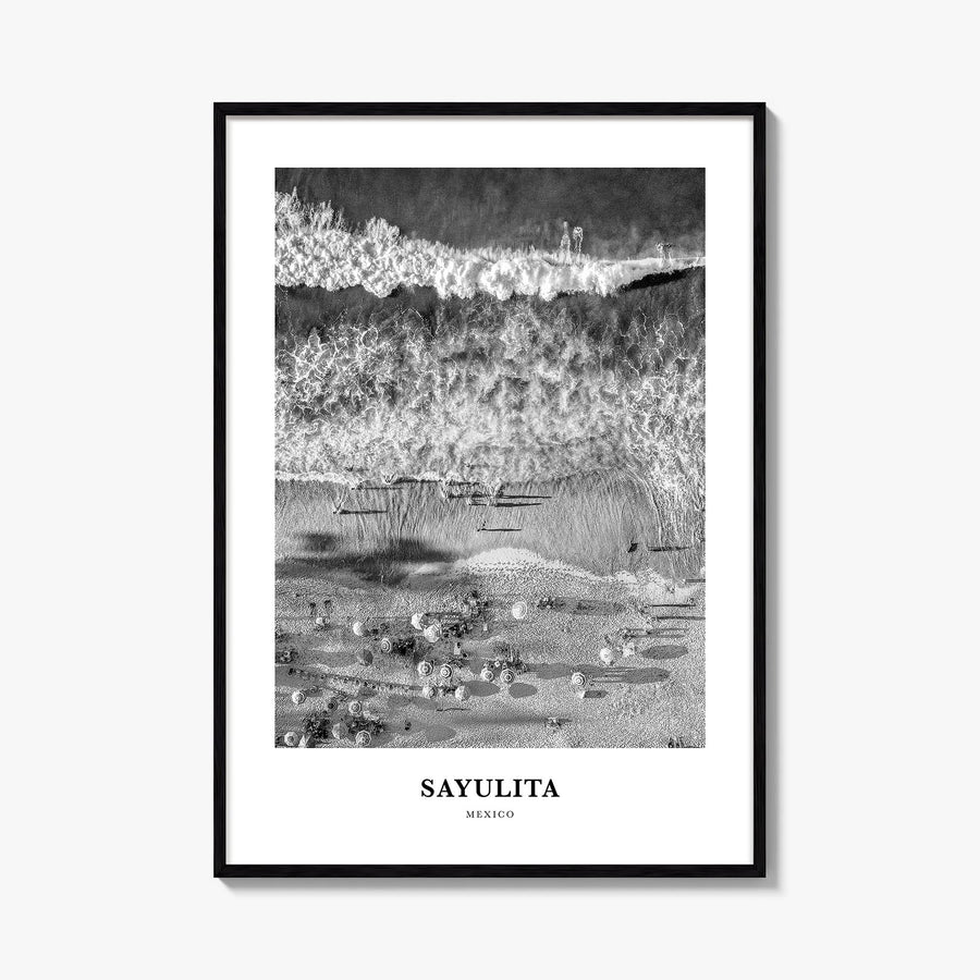 Sayulita black & white classic poster of Mexico – vertical wall art, unframed print shown in interior mockup