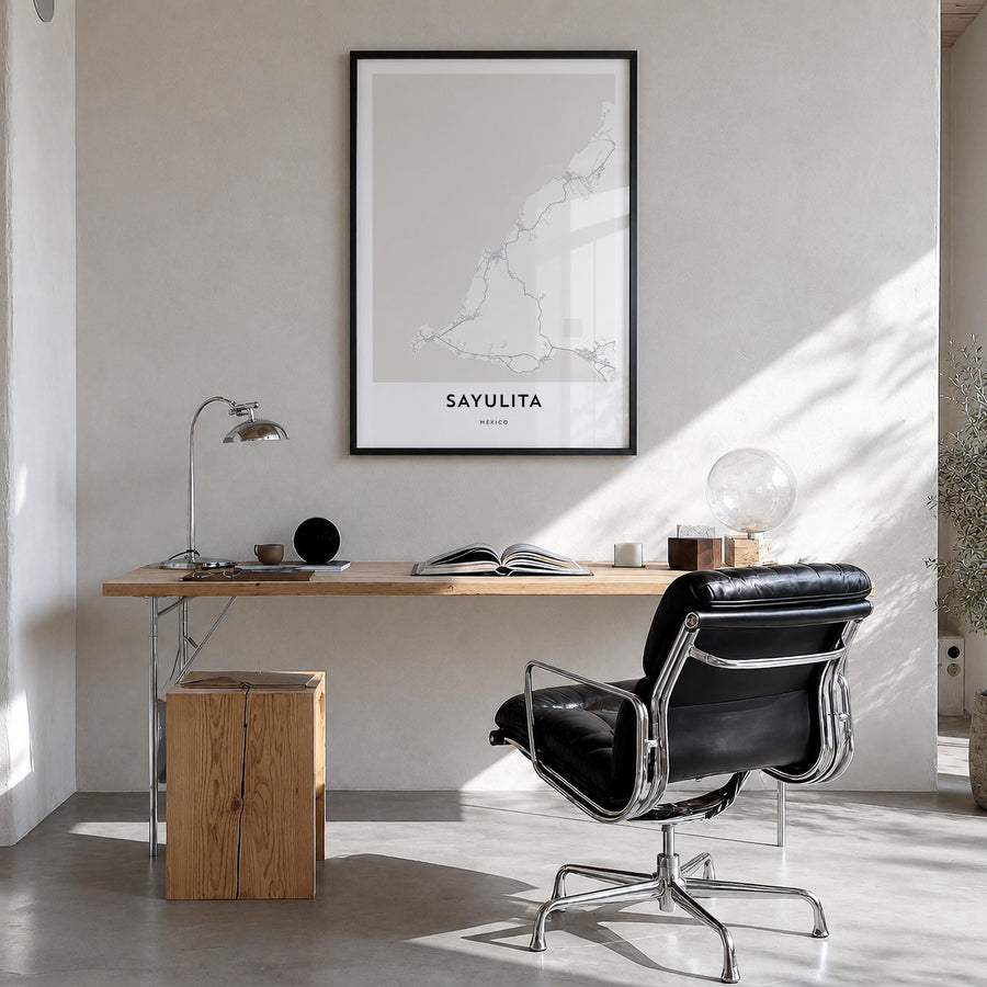Sayulita black & white map poster of Mexico – vertical wall art in black wood frame, hanging on wall