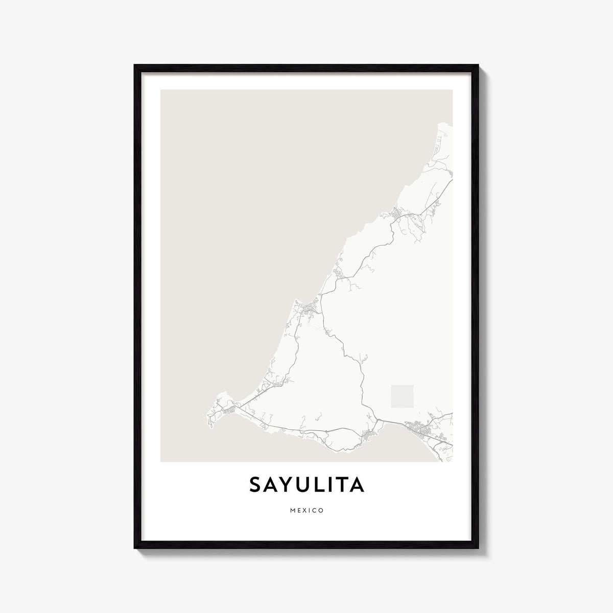Sayulita black & white map poster of Mexico – vertical wall art, unframed print shown in interior mockup