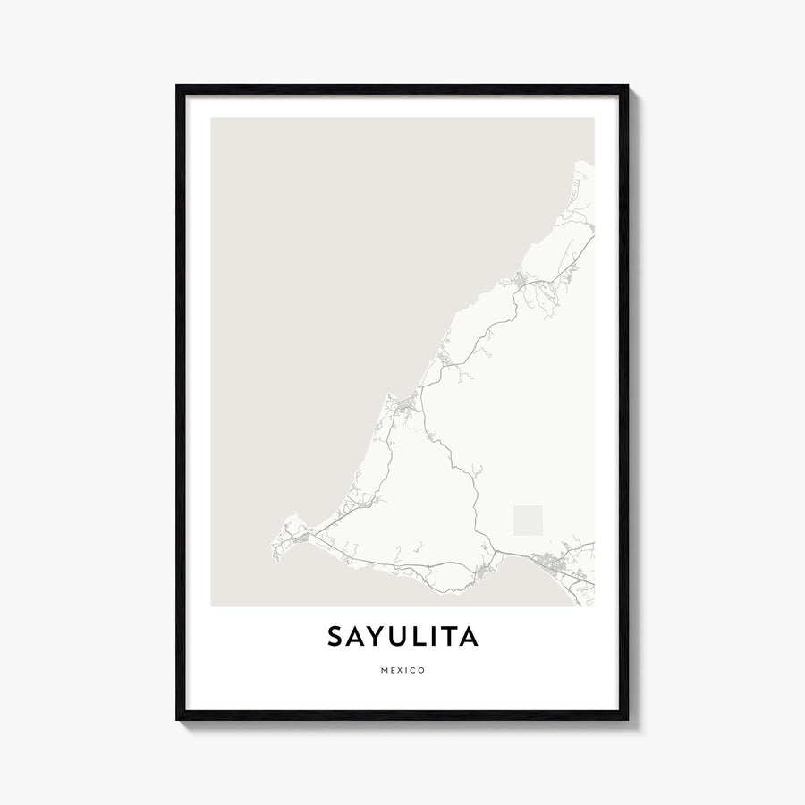 Sayulita black & white map poster of Mexico – vertical wall art, unframed print shown in interior mockup