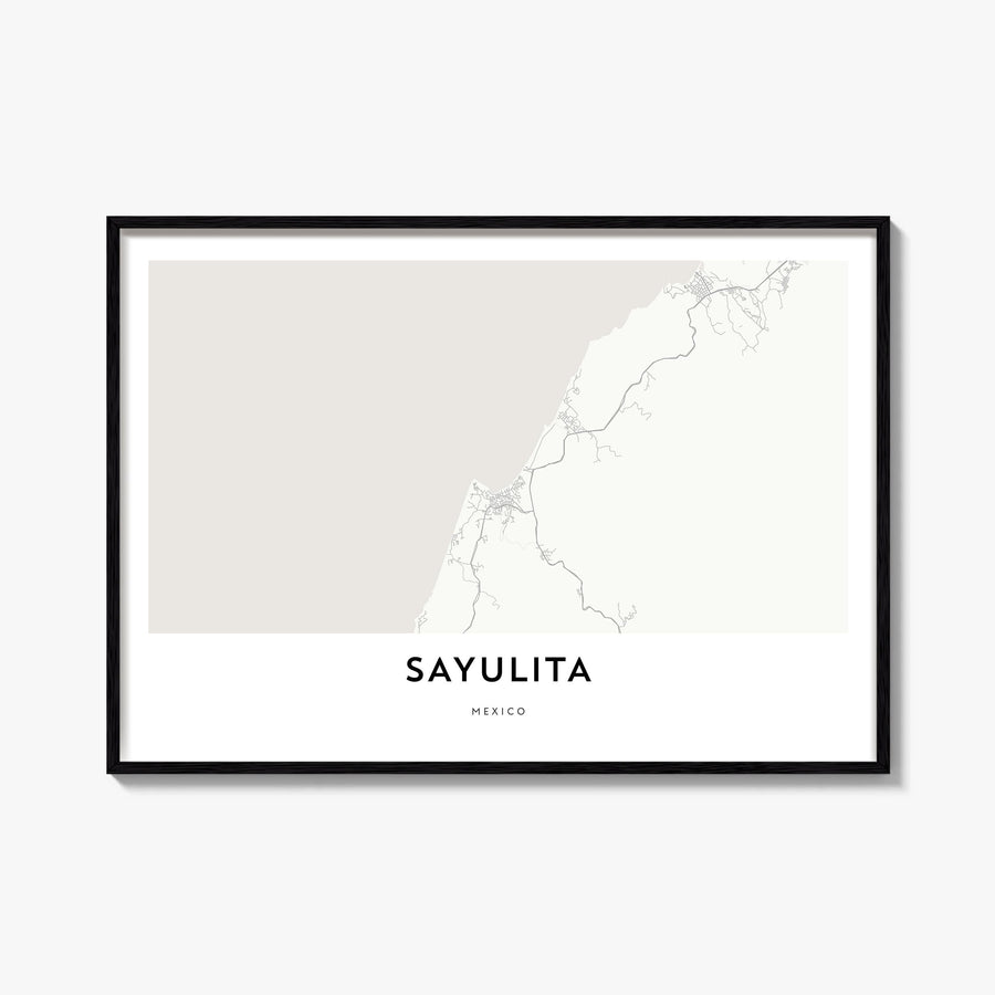 Sayulita black & white map poster of Mexico – horizontal wall art, unframed print shown in interior mockup