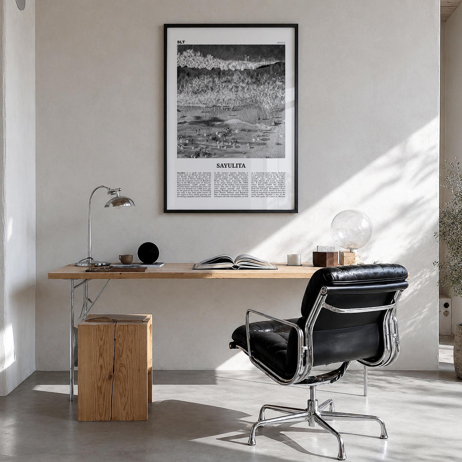 Sayulita black & white newspaper poster of Mexico – vertical wall art in black wood frame, hanging on wall