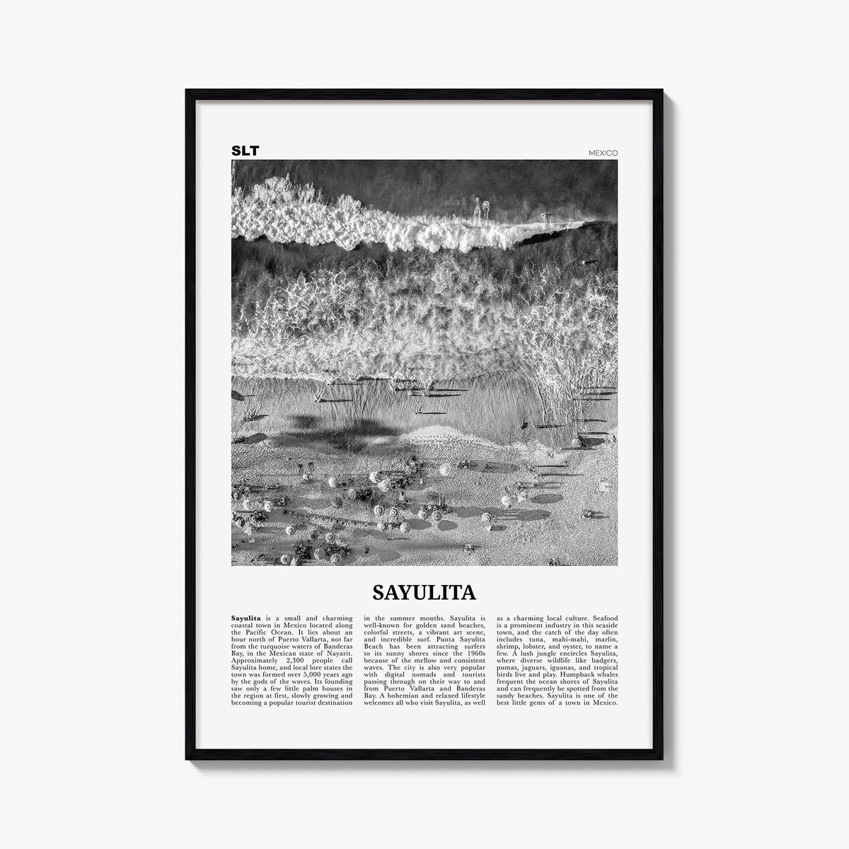 Sayulita black & white newspaper poster of Mexico – vertical wall art, unframed print shown in interior mockup
