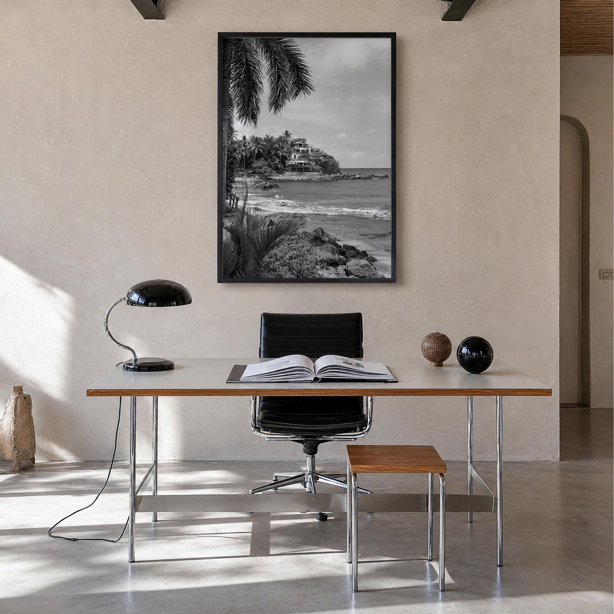 Sayulita black & white photo poster of Mexico – vertical wall art in black wood frame, hanging on wall