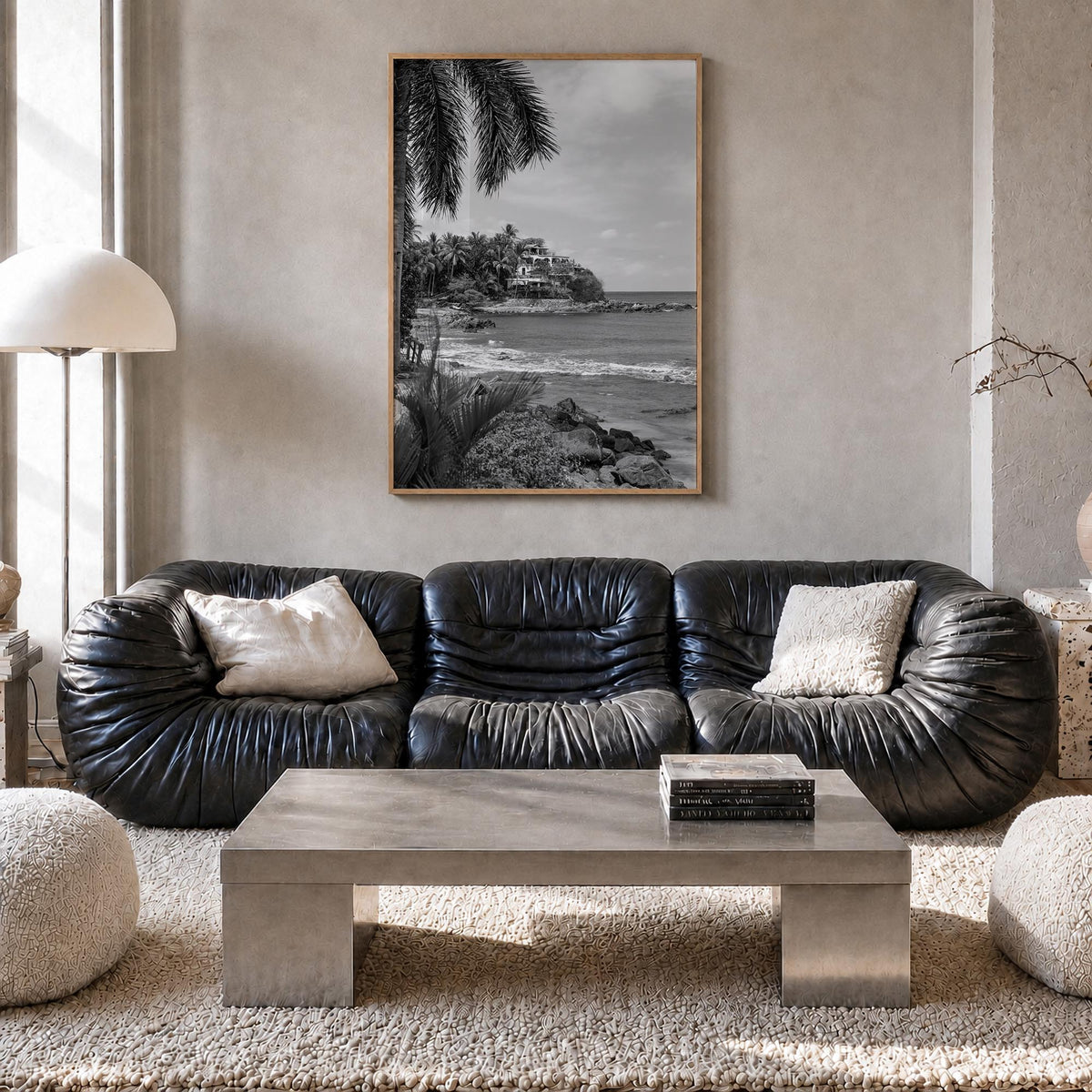 Sayulita black & white photo poster of Mexico – vertical wall art in natural wood frame, hanging on wall