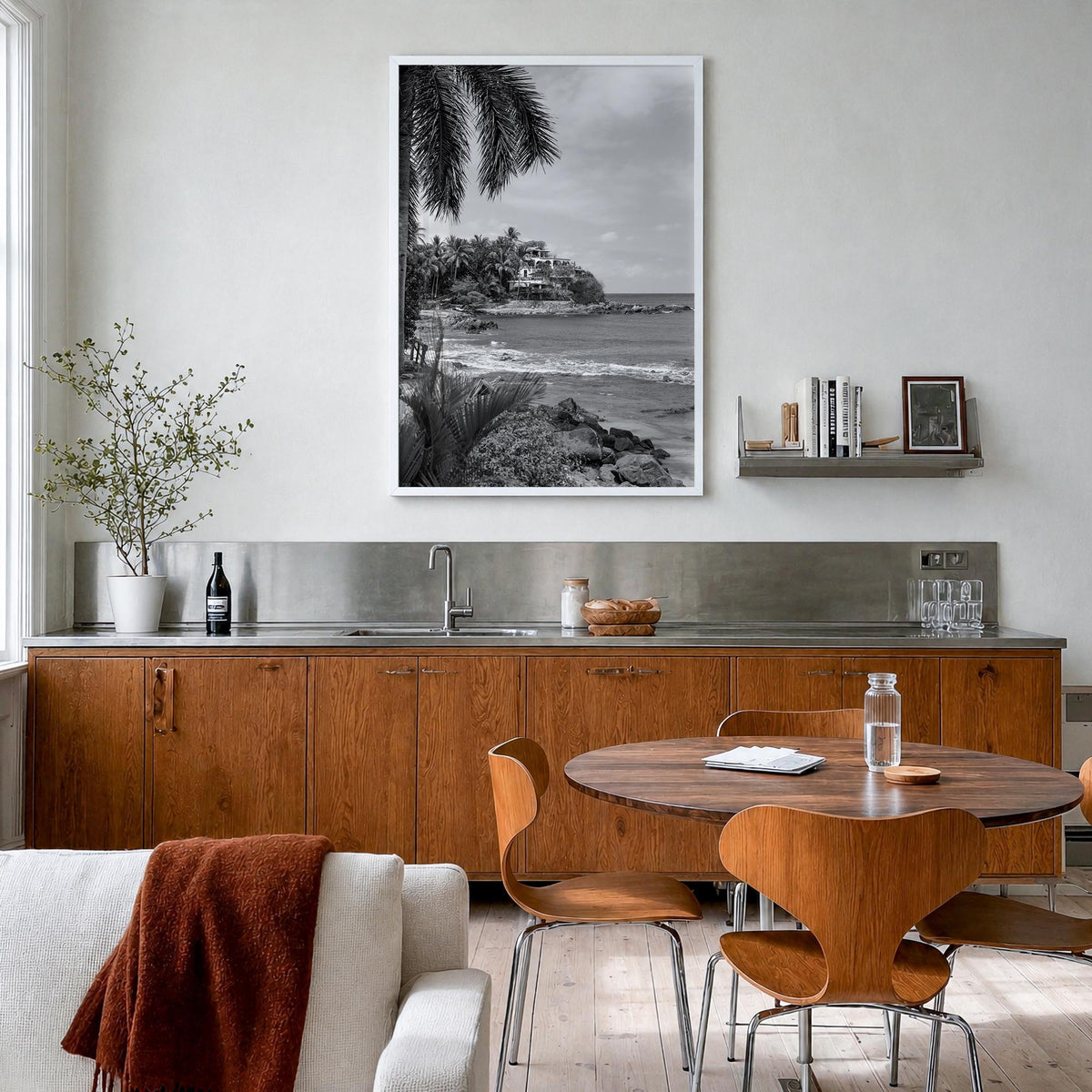 Sayulita black & white photo poster of Mexico – vertical wall art in white wood frame, hanging on wall
