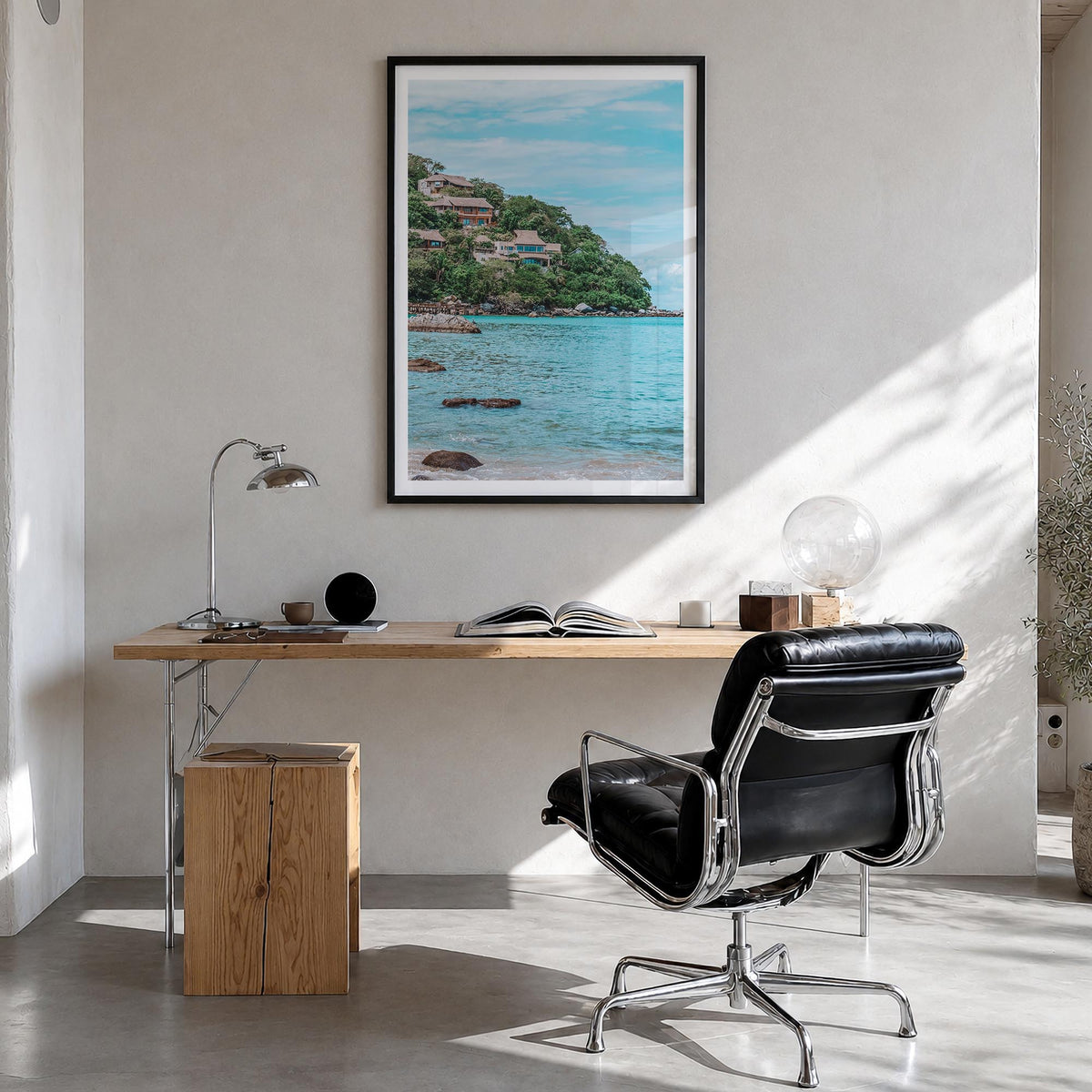 Sayulita colorful photo poster of Mexico – vertical wall art in black wood frame with white border, hanging on wall
