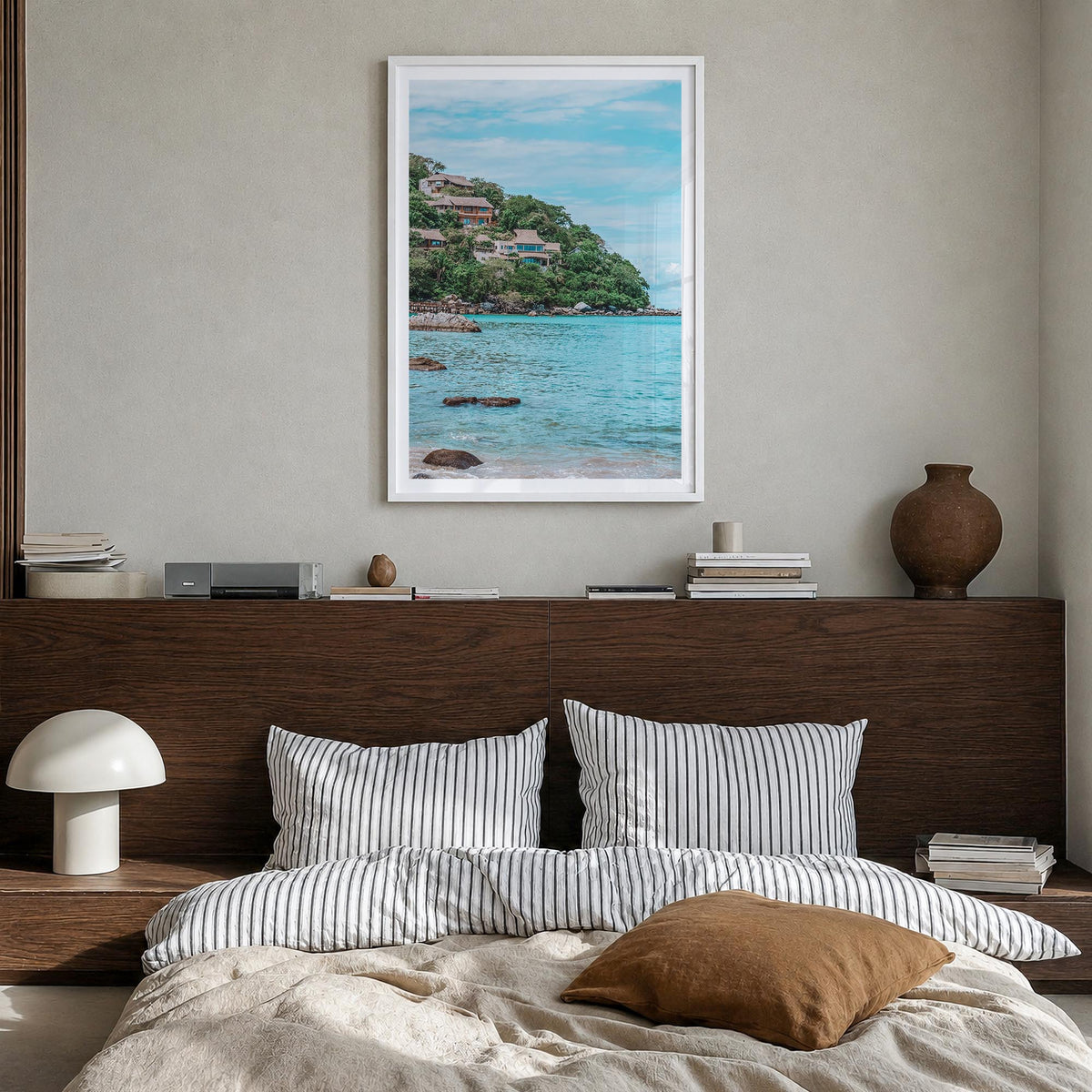 Sayulita colorful photo poster of Mexico – vertical wall art in white wood frame with white border, hanging on wall
