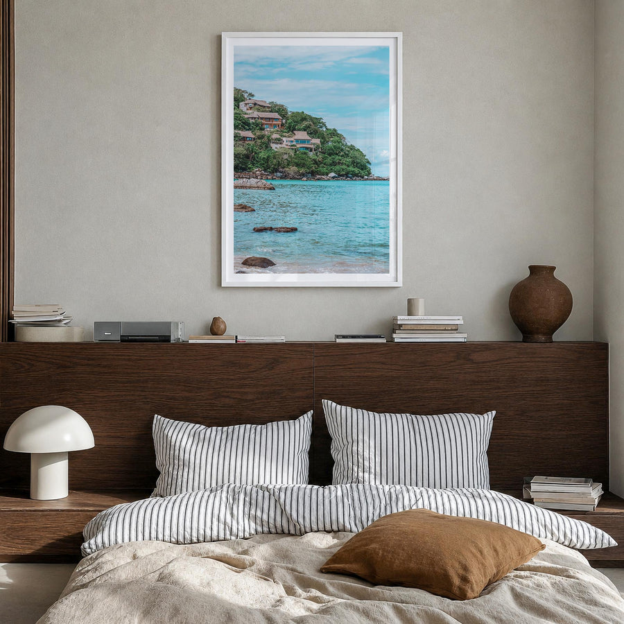 Sayulita colorful photo poster of Mexico – vertical wall art in white wood frame with white border, hanging on wall