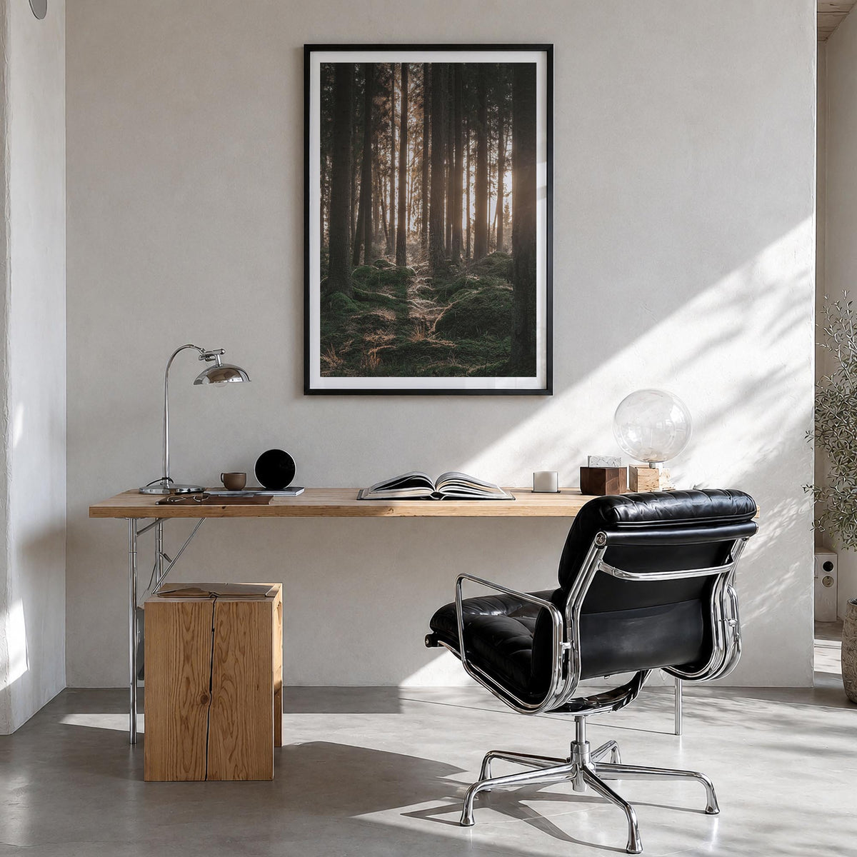 Scandinavian Forest no. 1 colorful photo poster – vertical wall art in black wood frame with white border, hanging on wall