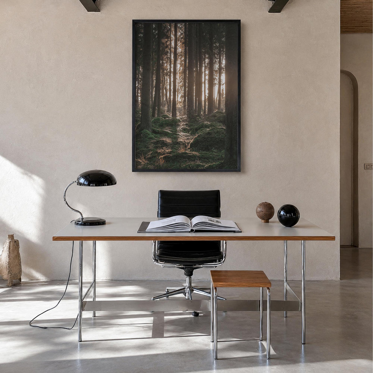 Scandinavian Forest no. 1 colorful photo poster – vertical wall art in black wood frame, hanging on wall