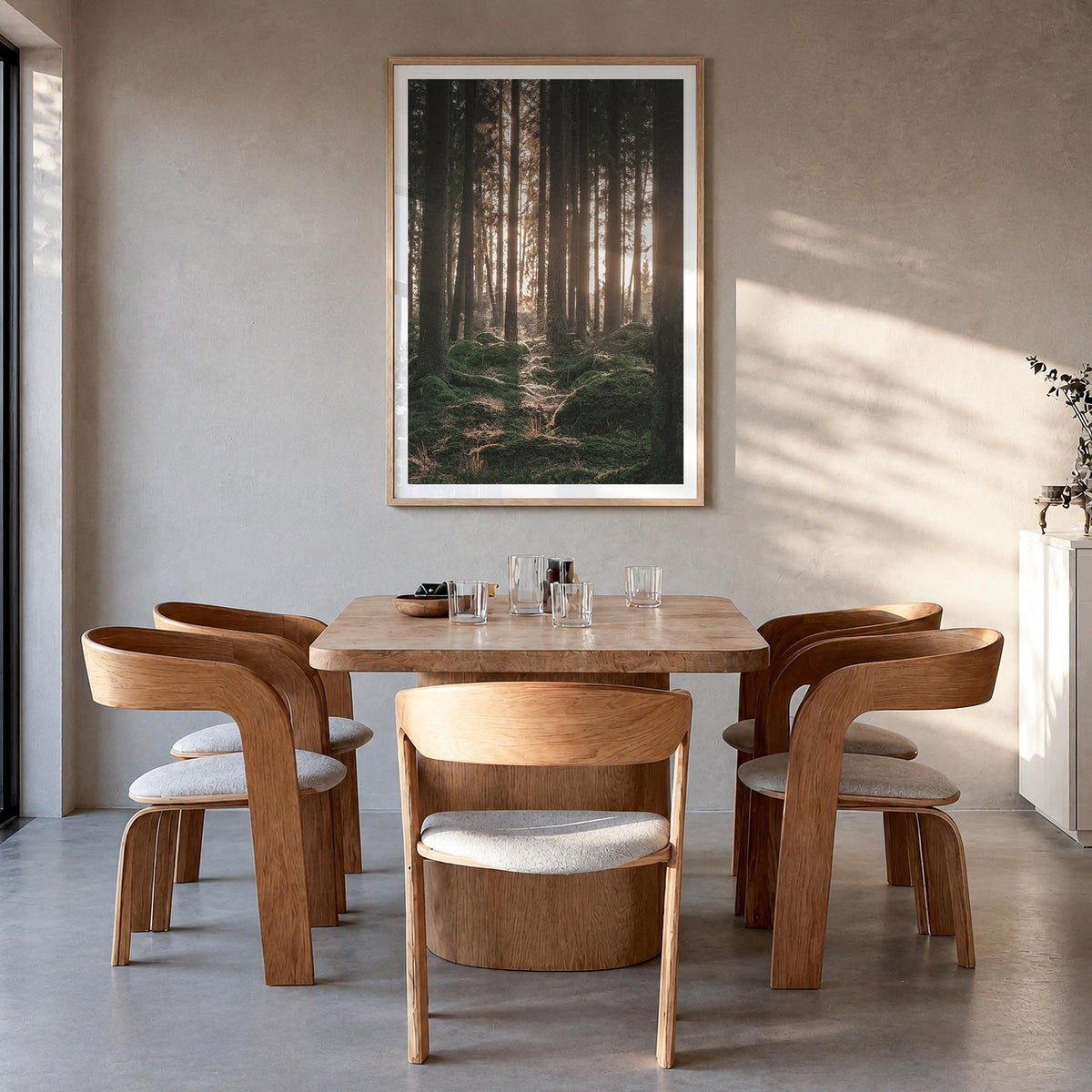 Scandinavian Forest no. 1 colorful photo poster – vertical wall art in natural wood frame with white border, hanging on wall