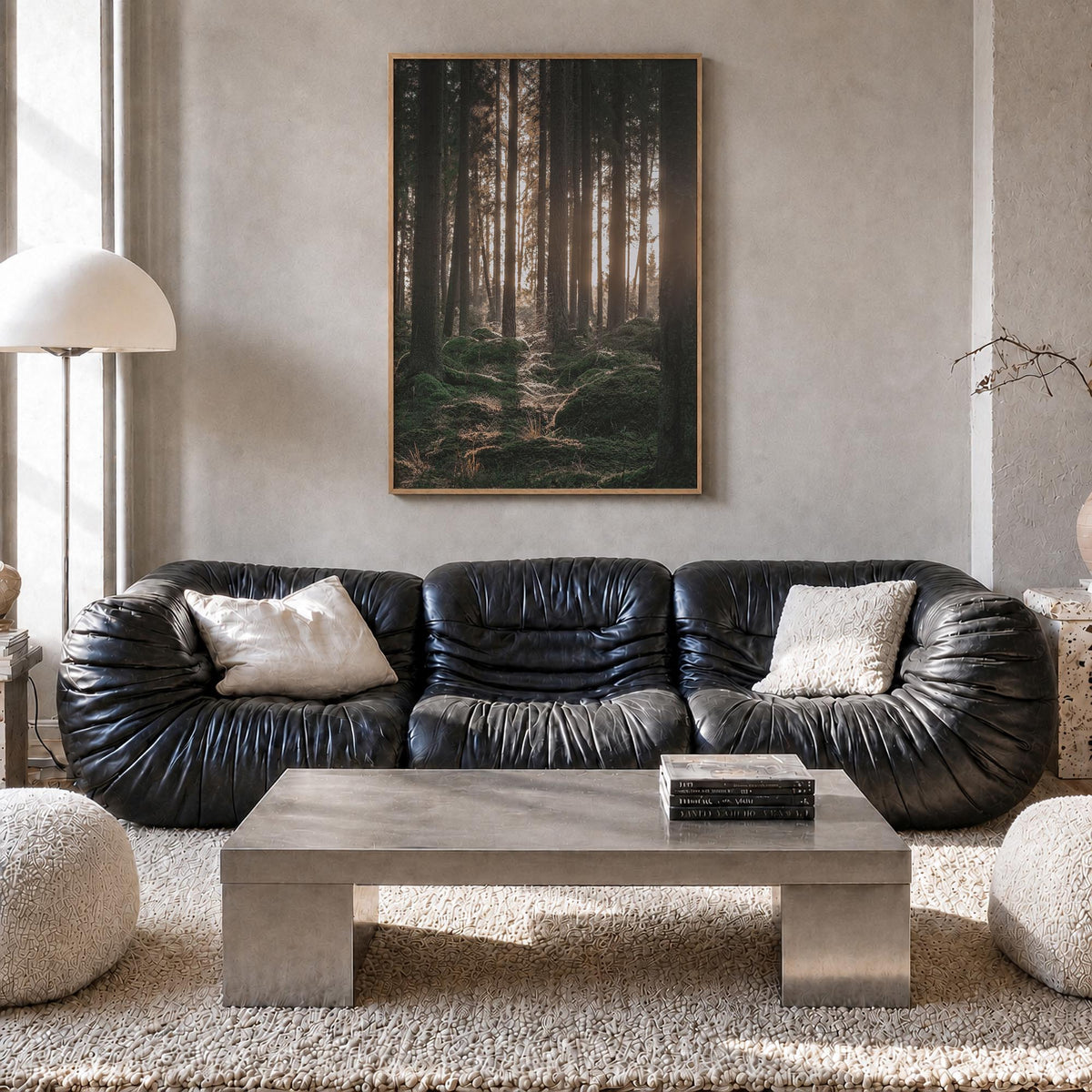 Scandinavian Forest no. 1 colorful photo poster – vertical wall art in natural wood frame, hanging on wall