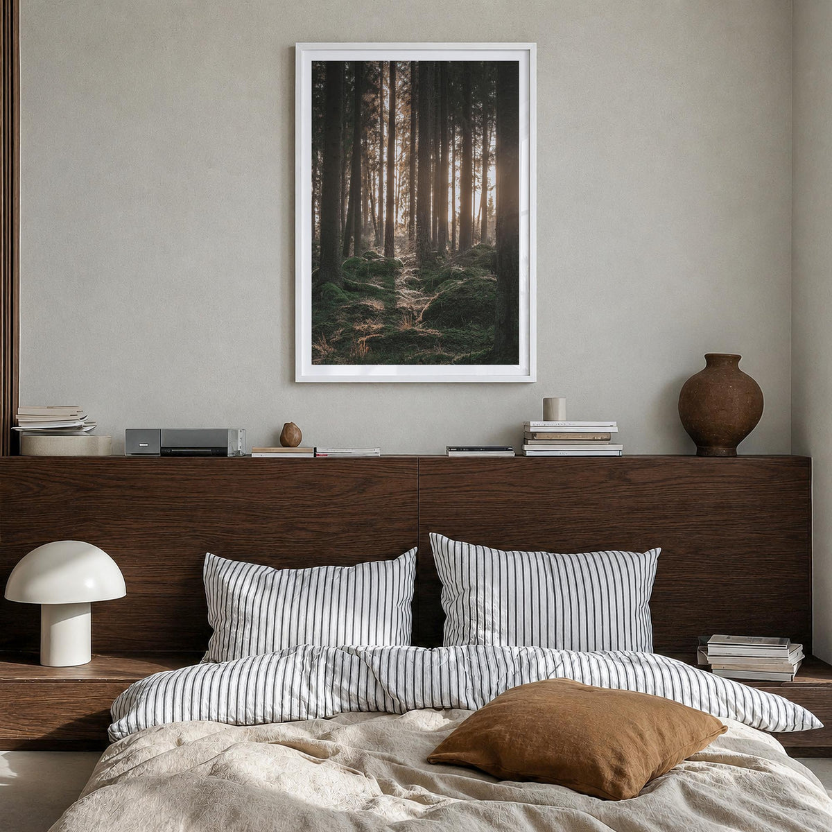 Scandinavian Forest no. 1 colorful photo poster – vertical wall art in white wood frame with white border, hanging on wall