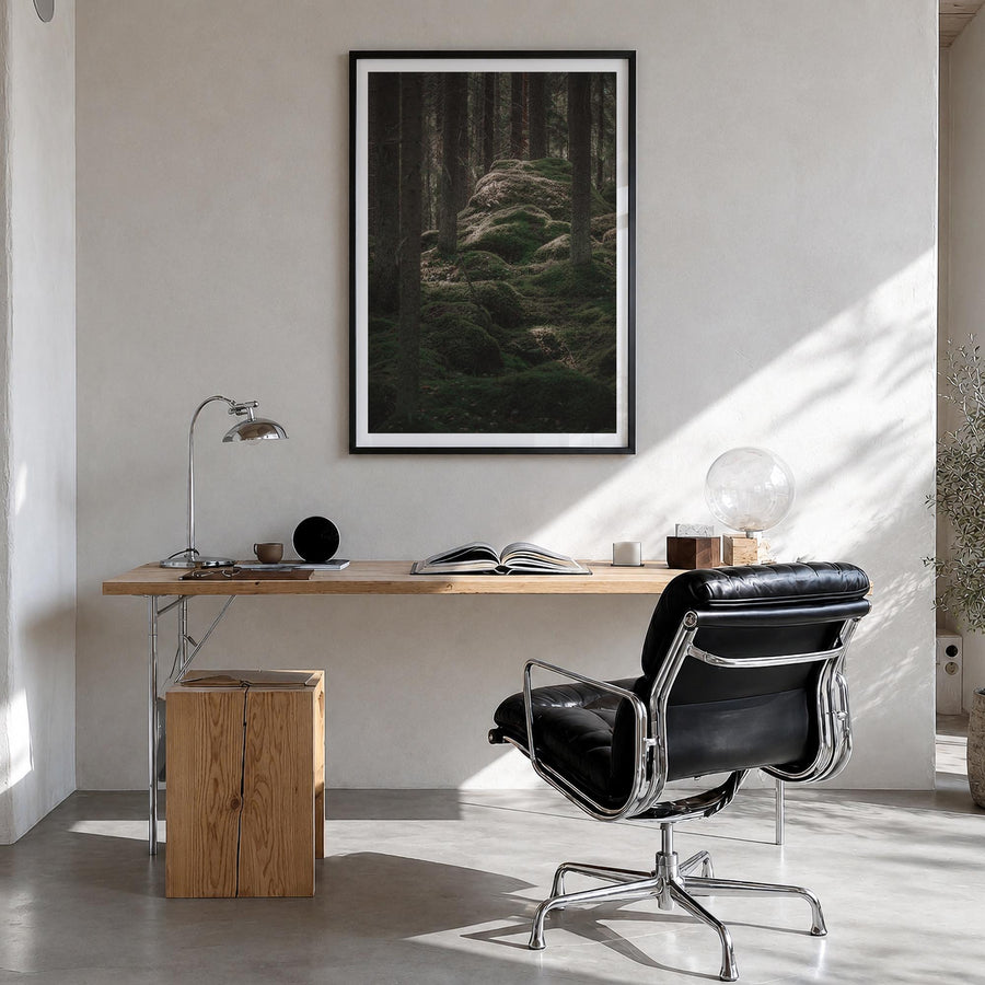 Scandinavian Forest no. 2 colorful photo poster – vertical wall art in black wood frame with white border, hanging on wall