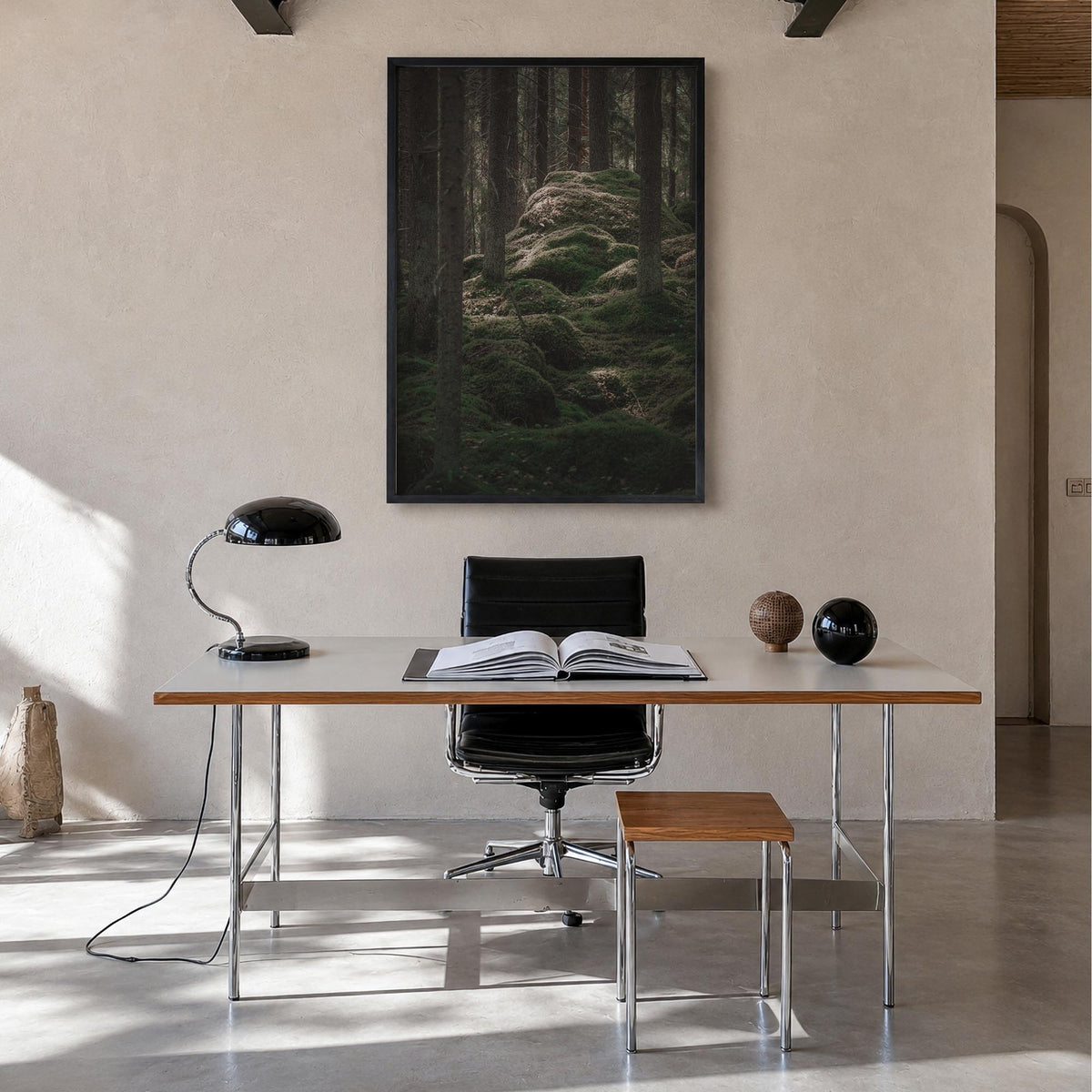 Scandinavian Forest no. 2 colorful photo poster – vertical wall art in black wood frame, hanging on wall