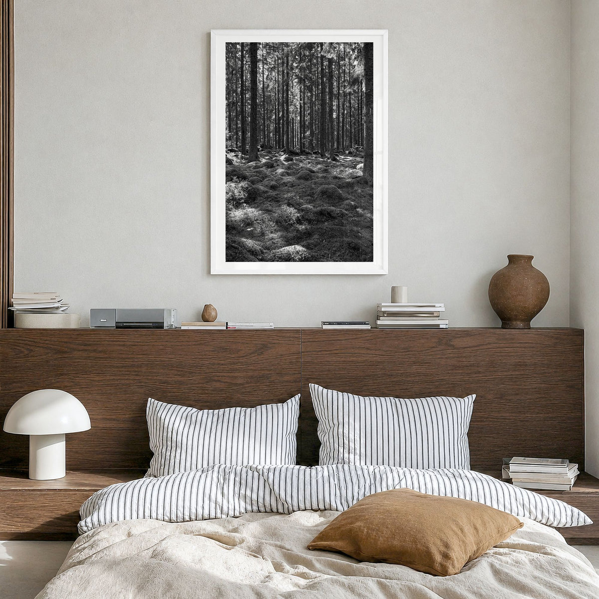 Scandinavian Forest Photo No 2 Poster in a white wood frame, hanging in a bedroom, white border