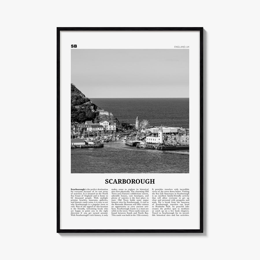 Scarborough black & white newspaper poster of United Kingdom – vertical wall art, unframed print shown in interior mockup