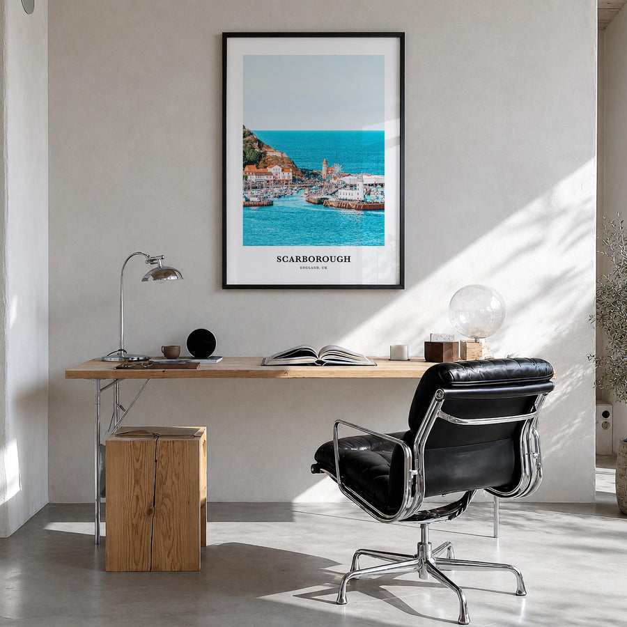 Scarborough colorful classic poster of United Kingdom – vertical wall art in black wood frame, hanging on wall