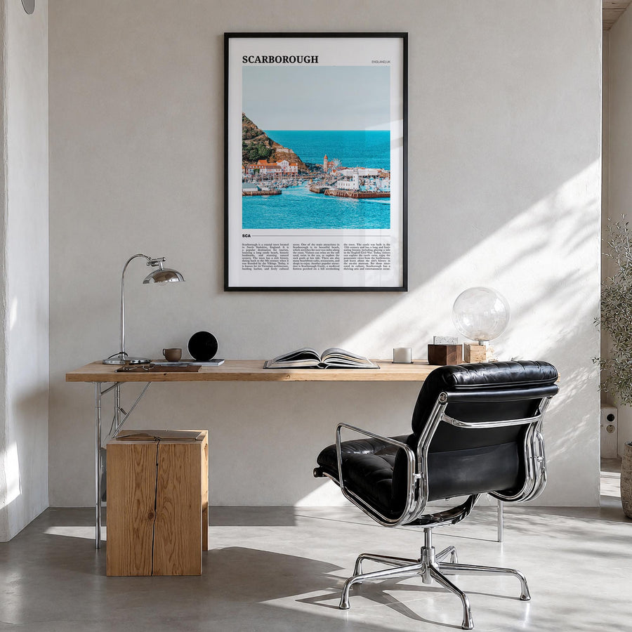 Scarborough colorful travel poster of United Kingdom – vertical wall art in black wood frame, hanging on wall