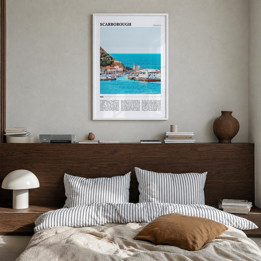 Scarborough colorful travel poster of United Kingdom – vertical wall art in white wood frame, hanging on wall