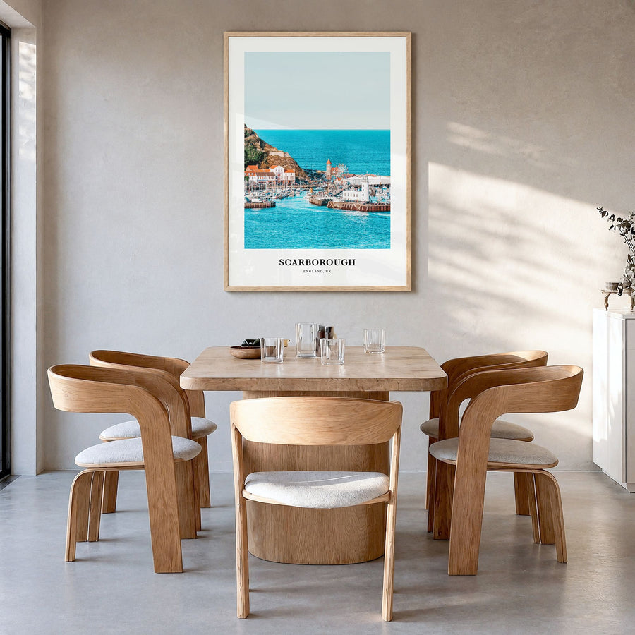 Scarborough Classic Poster in a natural wood frame, hanging in a dining room
