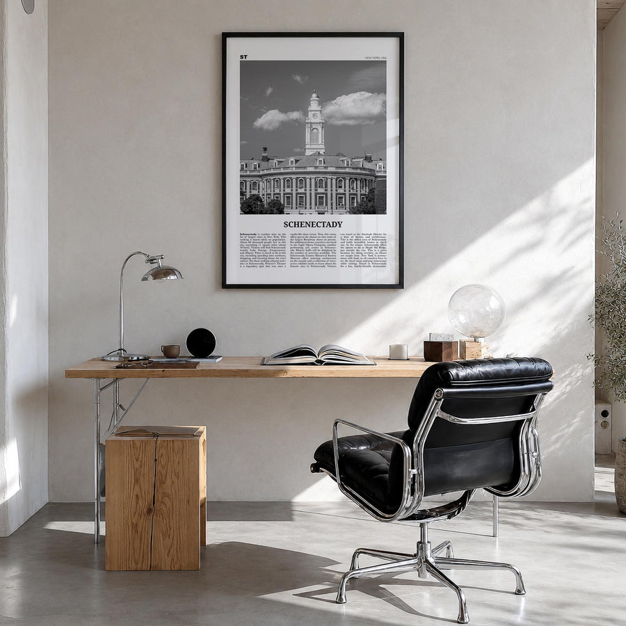 Schenectady black & white newspaper poster of New York, USA – vertical wall art in black wood frame, hanging on wall