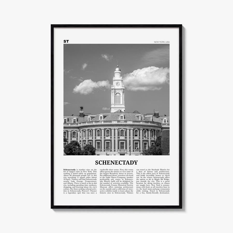 Schenectady black & white newspaper poster of New York, USA – vertical wall art, unframed print shown in interior mockup