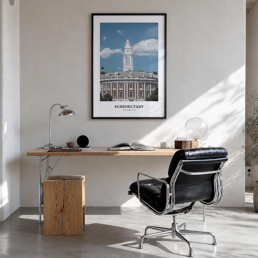 Schenectady colorful classic poster of New York, USA – vertical wall art in black wood frame, hanging on wall