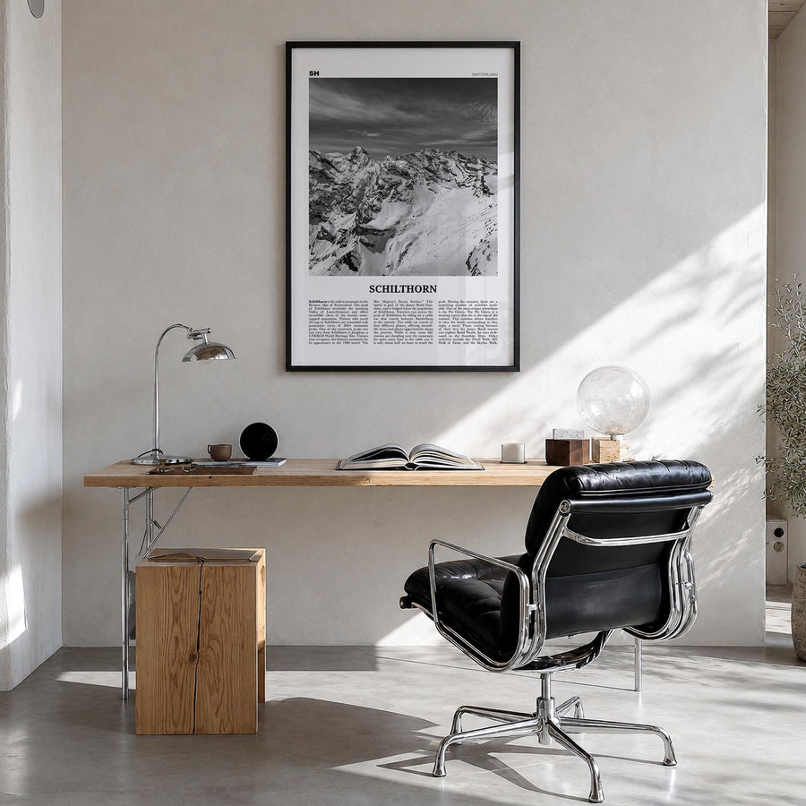 Schilthorn black & white newspaper poster of Switzerland – vertical wall art in black wood frame, hanging on wall