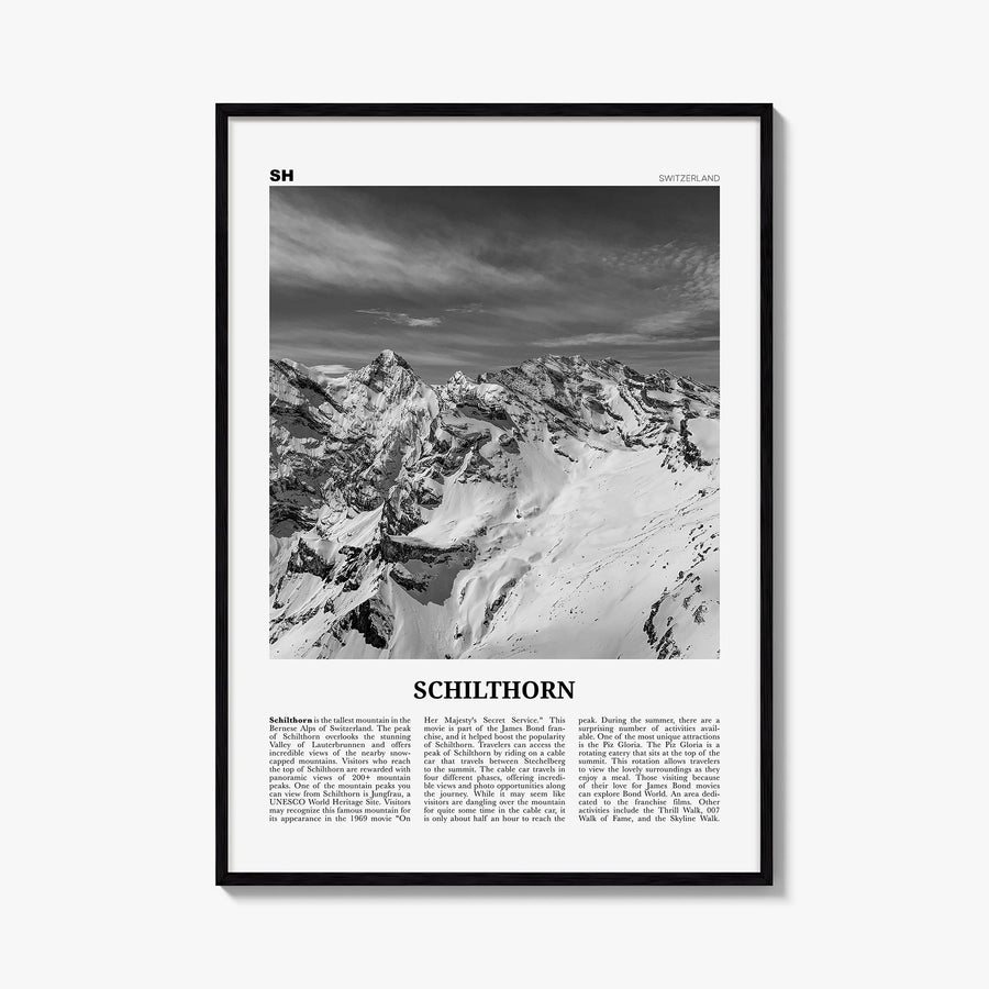 Schilthorn black & white newspaper poster of Switzerland – vertical wall art, unframed print shown in interior mockup