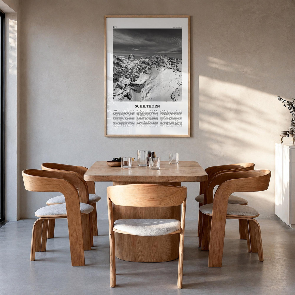 Schilthorn black & white newspaper poster of Switzerland – vertical wall art in natural wood frame, hanging on wall