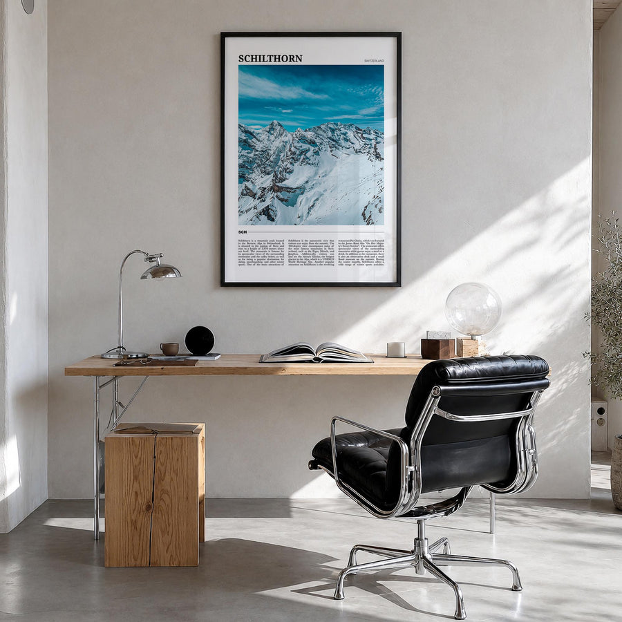 Schilthorn colorful travel poster of Switzerland – vertical wall art in black wood frame, hanging on wall