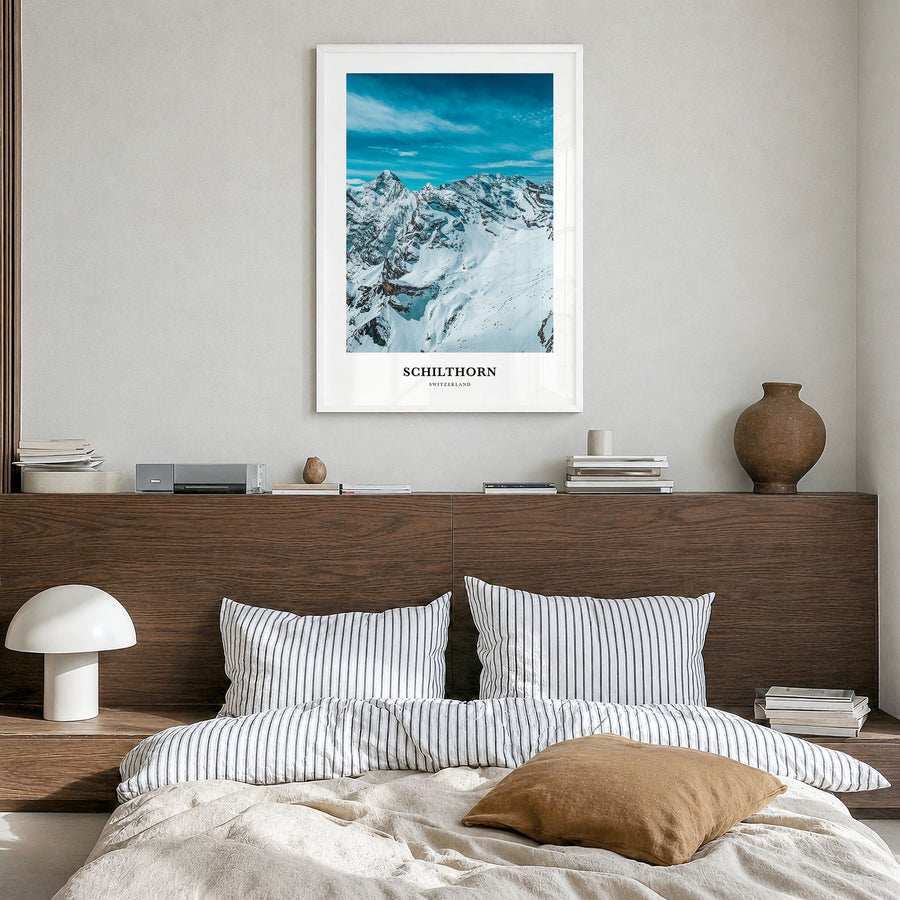 Schilthorn Classic Poster in a white wood frame, hanging in a bedroom