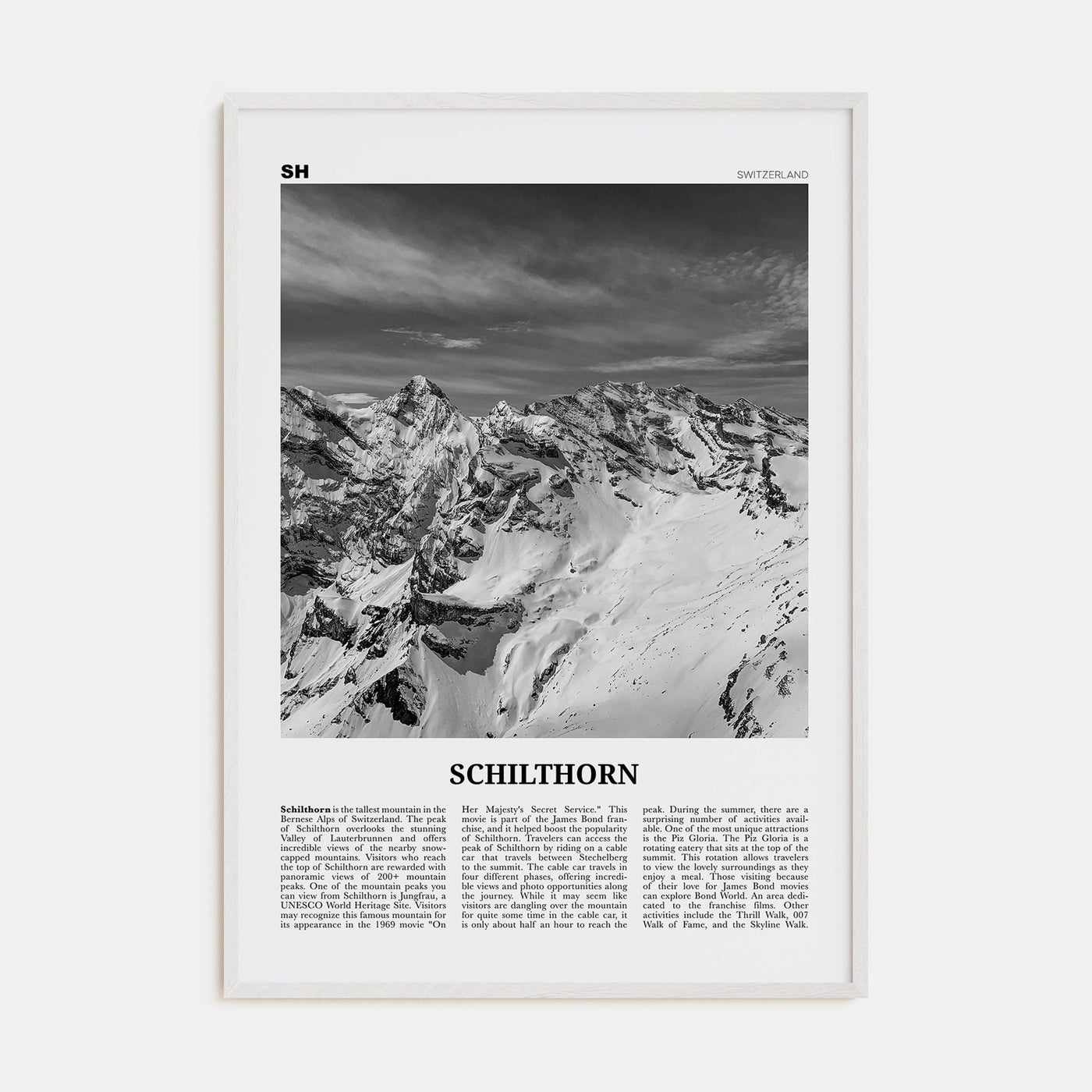 Schilthorn Poster White Wood / 8x12 in Nbourhood Travel B&W Poster