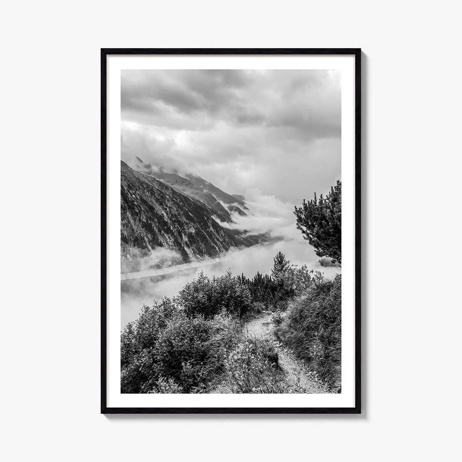 Schlegeis Lake black & white photo poster of Austria – vertical wall art, unframed print shown in interior mockup