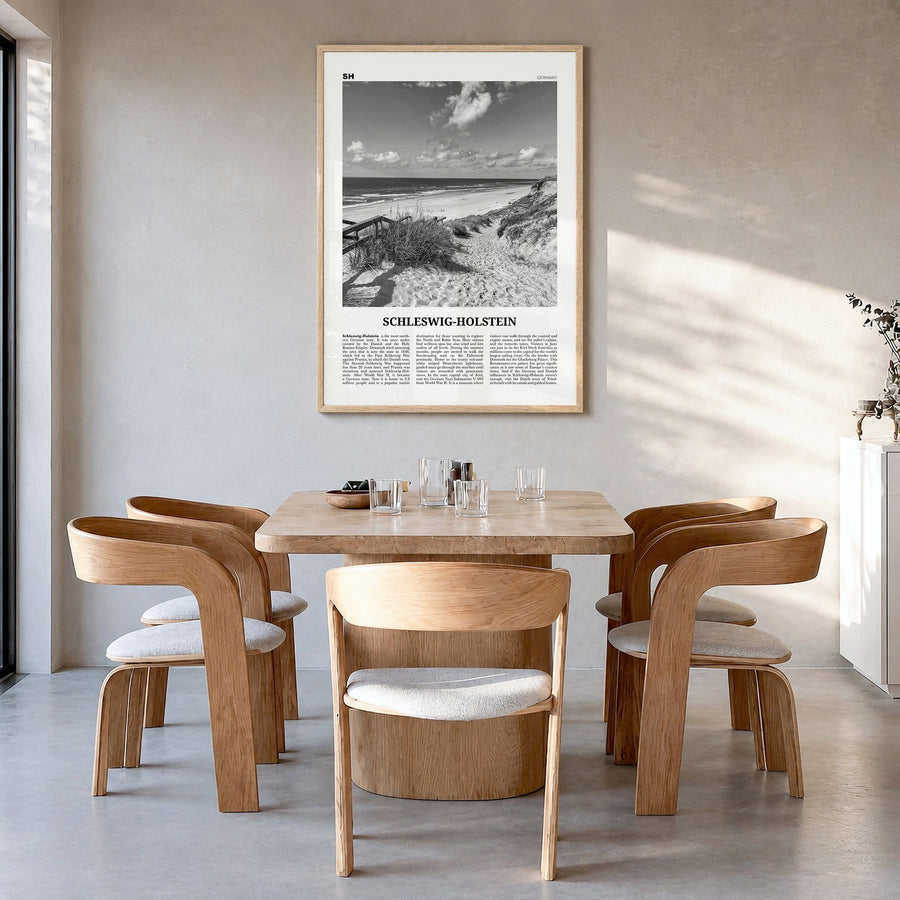 Schleswig-Holstein Newspaper Poster in a natural wood frame, hanging in a dining room