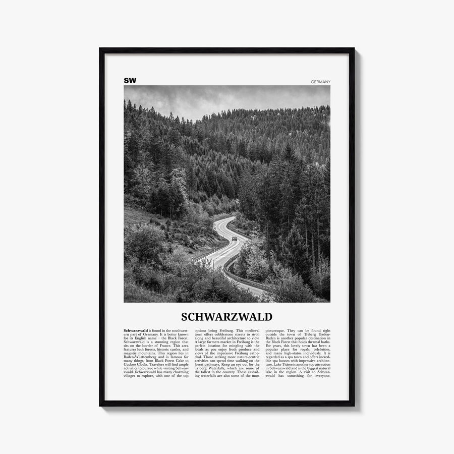 Schwarzwald black & white newspaper poster of Germany – vertical wall art, unframed print shown in interior mockup