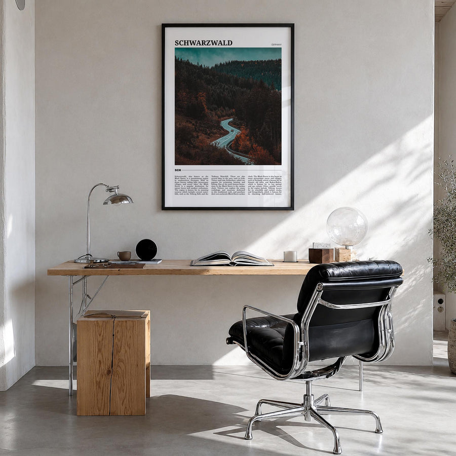 Schwarzwald colorful travel poster of Germany – vertical wall art in black wood frame, hanging on wall