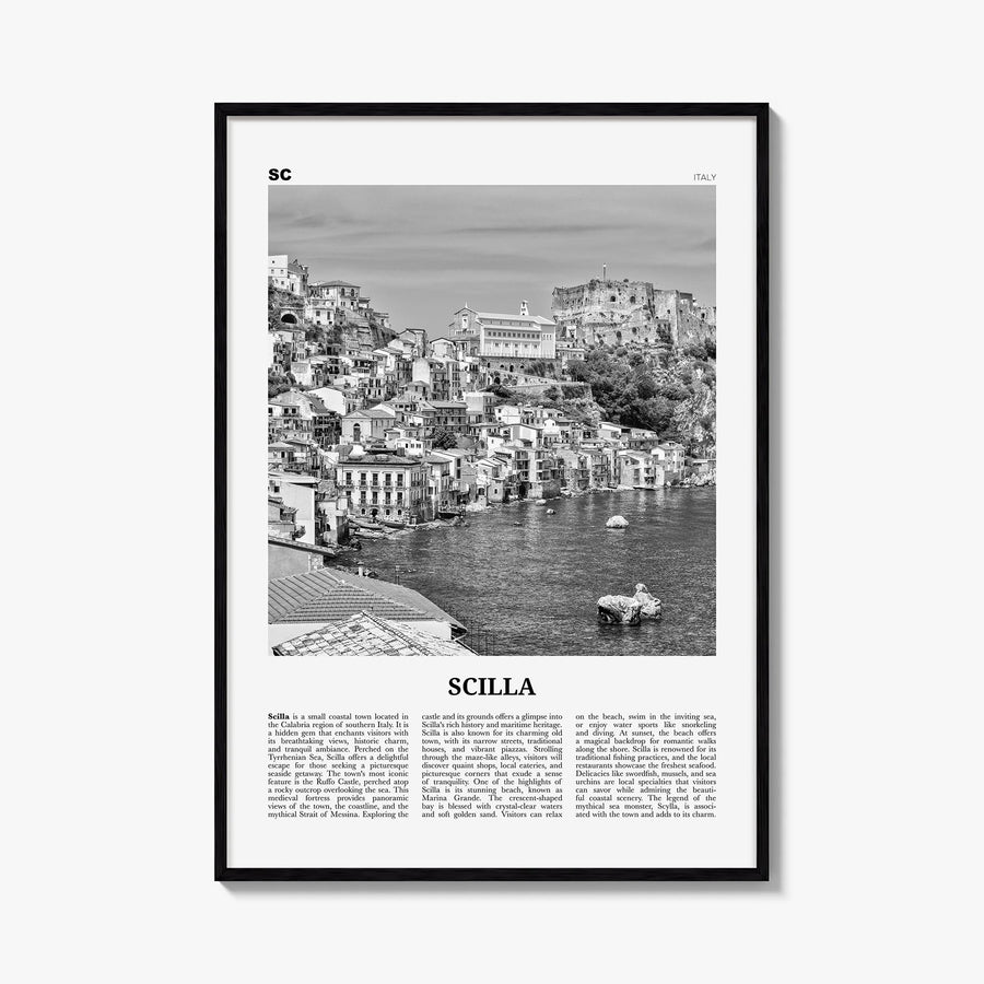 Scilla black & white newspaper poster of Italy – vertical wall art, unframed print shown in interior mockup