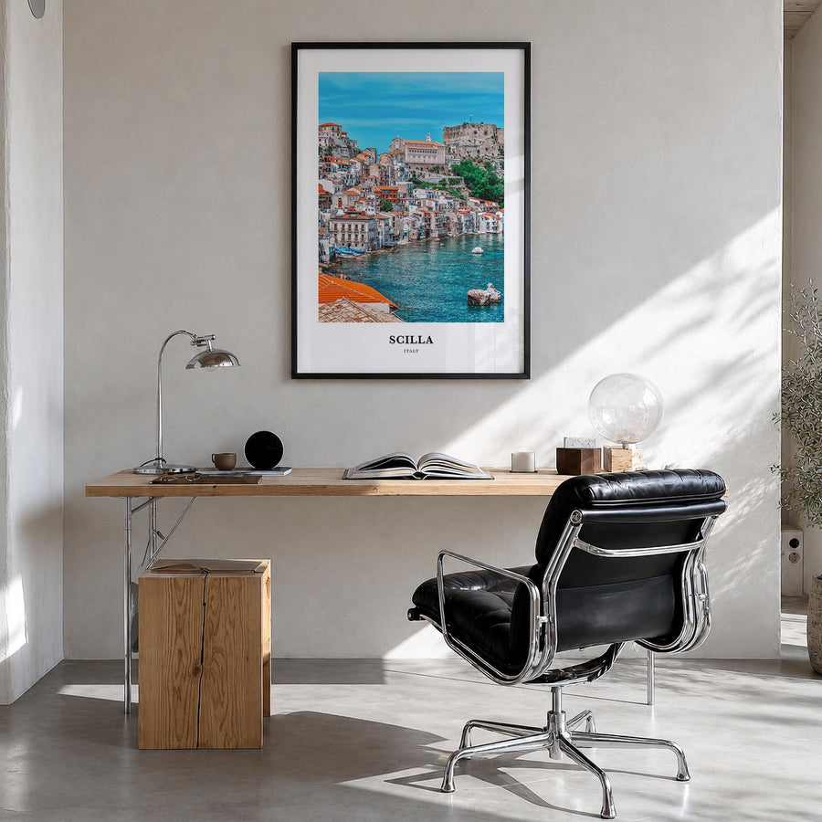 Scilla colorful classic poster of Italy – vertical wall art in black wood frame, hanging on wall