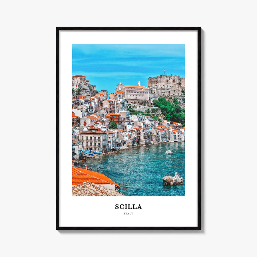 Scilla colorful classic poster of Italy – vertical wall art, unframed print shown in interior mockup