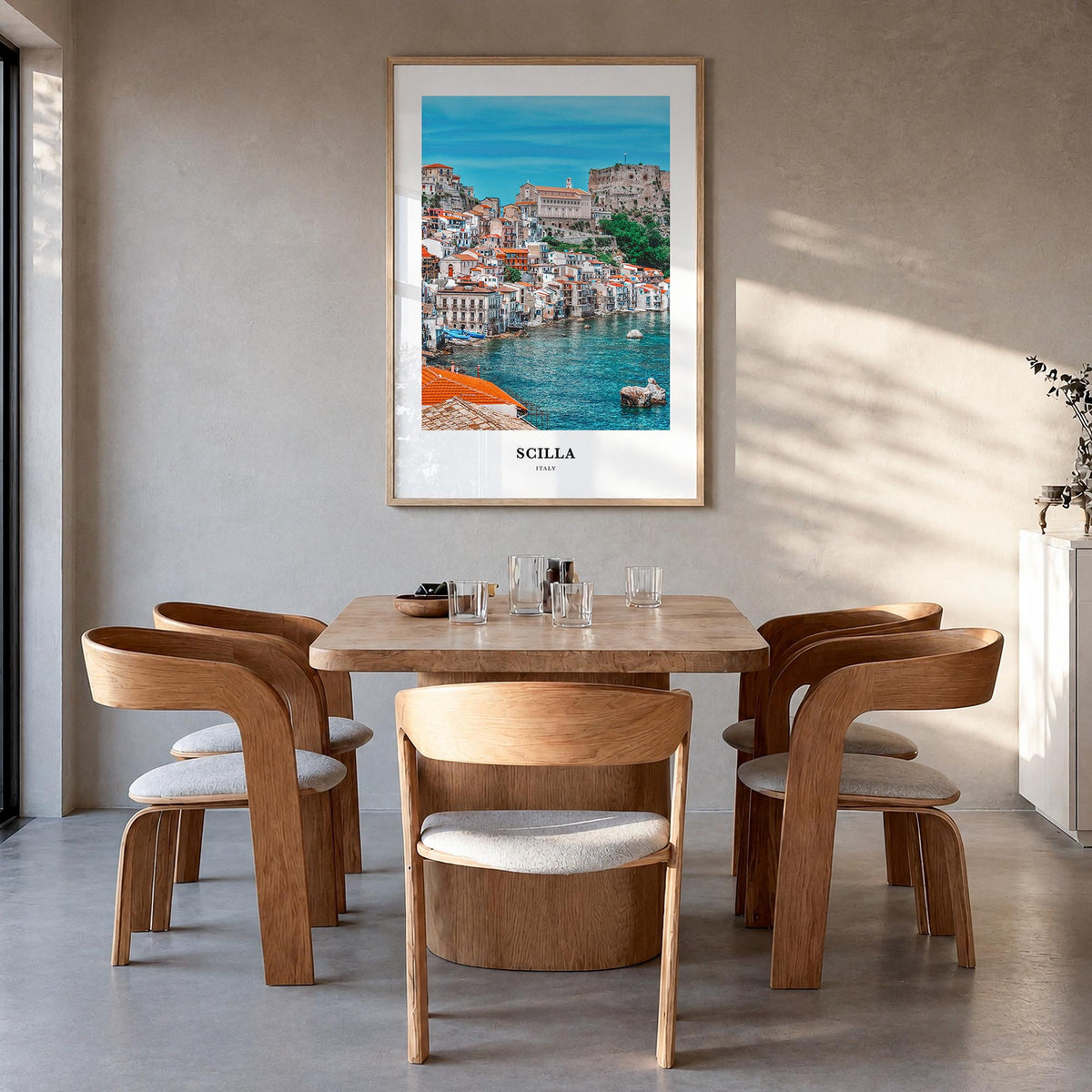 Scilla colorful classic poster of Italy – vertical wall art in natural wood frame, hanging on wall