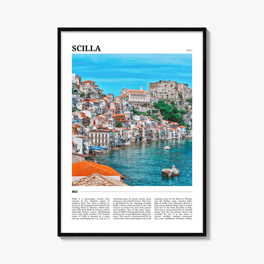 Scilla colorful travel poster of Italy – vertical wall art, unframed print shown in interior mockup